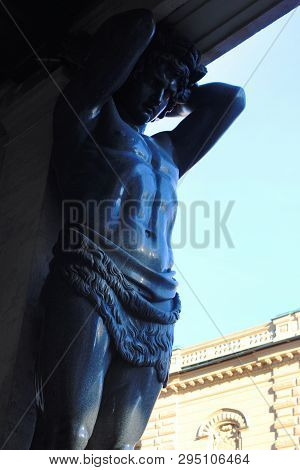Atlant Architectural Sculpture Of Man Supporting Building Column In Saint Petersburg, Russia On 02.0