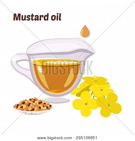 Mustard Oil In A Round Bottle. Transparent Edible Liquid From Natural, Vegetable, Organic Healthy Oi