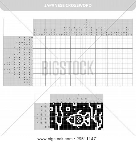 Aquarium With Fish. Black And White Japanese Crossword With Answer. Nonogram With Answer. Graphic Cr