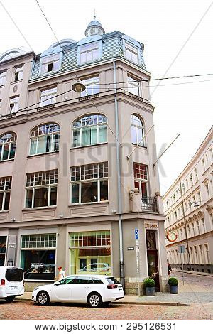 Riga. Latvia - August 28, 2018: Building With Clock On Valnu Street, Old Town