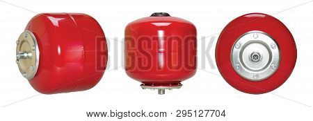 Red Ekspochny Systems Of Heating, Tank Cold Hot Water. Isolate White Background. Set Three. View Sid