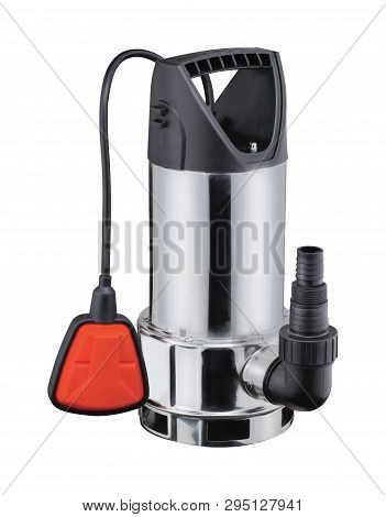 Steel Drainage Pump For Pumping Water, With Automatic Shut-off Float, Isolated White Background. Flo
