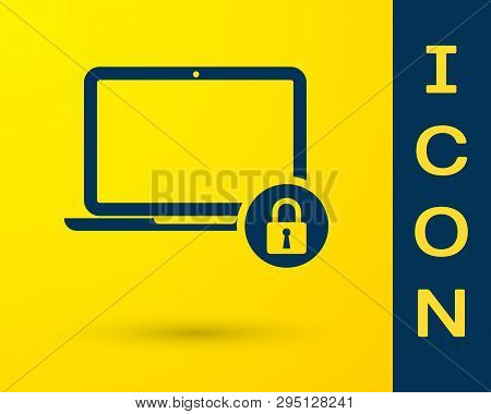 Blue Laptop And Lock Icon Isolated On Yellow Background. Computer And Padlock. Security, Safety, Pro