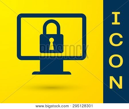 Blue Lock On Computer Monitor Screen Icon Isolated On Yellow Background. Monitor And Padlock. Securi