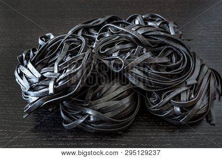 Black Pasta With Cuttlefish Ink. Pasta Of Durum Wheat Semolina With Squid Ink