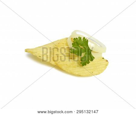 Wavy Fried Potato With Onion And Parsley On White Isolated Background