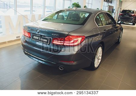 Ufa, Russia, 12 December, 2018: Metallic White Bmw 5 Series Sedan 530e Plug-in Hybrid Iperformance, 