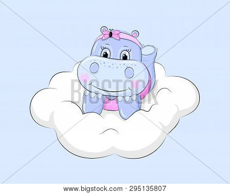 Cute Cartoon Animal. Girl Hippo On The Cloud.