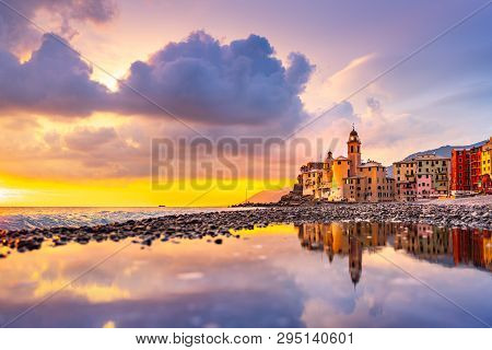 Scenic Mediterranean Riviera Coast. Panoramic View Of Camogli Town In Liguria, Italy. Basilica Of Sa