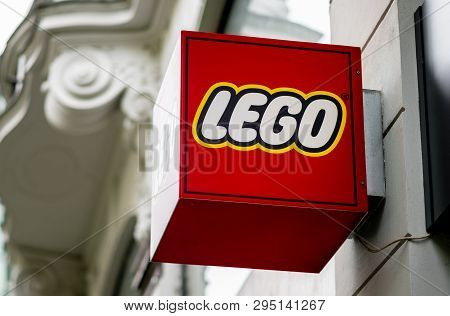 Prague, Czechia - 12th April 2019: The Red Lego Logo Outside The Museum And Store In Downtown Prague