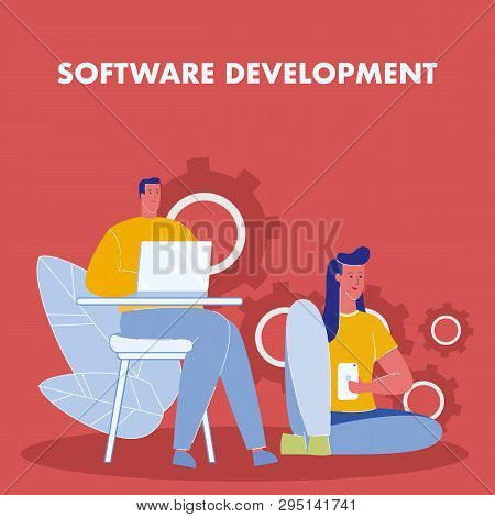 Software Development Flat Vector Poster With Text. Programming, Coding. App, Website, Developers. Co