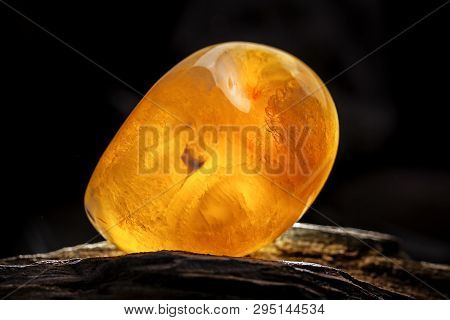 Natural Amber. A Piece Of Yellow Opaque Natural Amber On Large Piece Of Dark Stoned Wood.