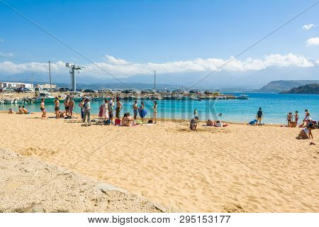 Crete, Greece - May 1,2015: Marathi Beach With Fine Sand And Shallow Calm Water. West Crete, Greece