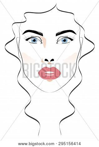 Beautiful Woman Face With Pink Lips. Vector Illustration Art.