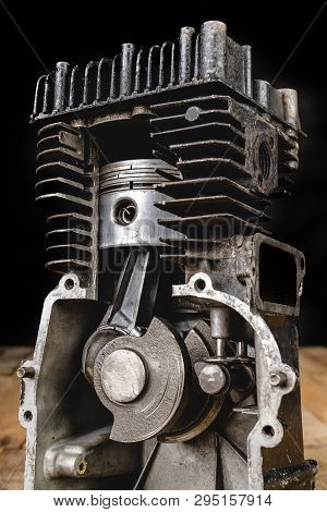A Four-stroke Gasoline Engine In Section. The Interior Of A Single-cylinder Internal Combustion Engi