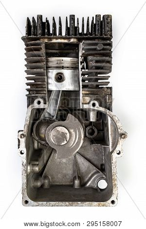 A Four-stroke Gasoline Engine In Section. The Interior Of A Single-cylinder Internal Combustion Engi