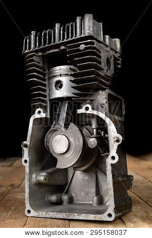 A Four-stroke Gasoline Engine In Section. The Interior Of A Single-cylinder Internal Combustion Engi