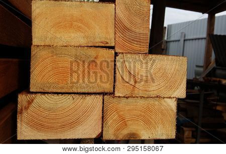 Wood background. Wood texture. Pine ends. Background ends of the boards. The ends of the lumber.