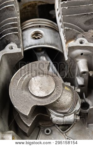 A Four-stroke Gasoline Engine In Section. The Interior Of A Single-cylinder Internal Combustion Engi