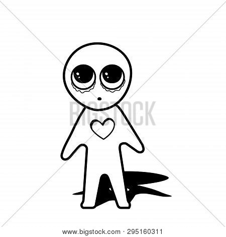 Cartoon Figure A Man With Blue Heart Becouse He Missing, Cruing And Fall In Love. Vector Illustratio