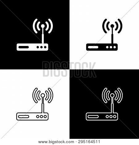 Set Router And Wi-fi Signal Symbol Icons Isolated On Black And White Background. Wireless Ethernet M