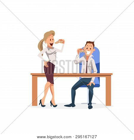 Smiling Coworker Colleague Eat Pizza For Lunch. Happy Woman Stand, Bite Slice Of Junk Food. Male Cha