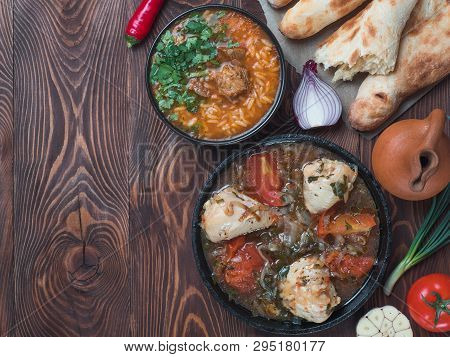 Traditional Georgian Kitchen - Spicy Kharcho Soup And Chicken Chachochbili, Traditional Bread Shotis