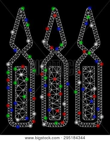 Bright Mesh Ampoules With Glare Effect. White Wire Frame Polygonal Mesh In Vector Format On A Black 