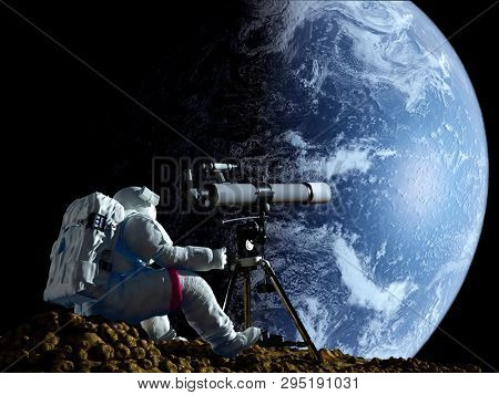 An astronaut looks through a telescope at Earth.