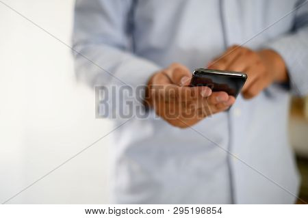 Manhands Using A Smartphone Text Work Digital And Communication Concept