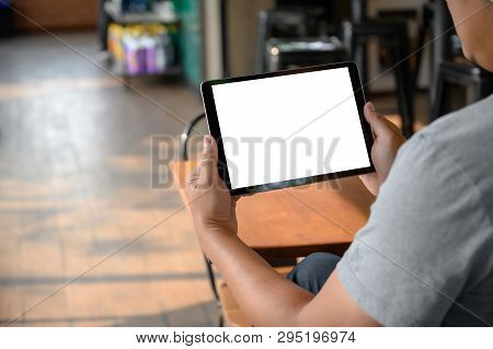 Businessman Hand Working On Tablet On Wooden Desk Tablet With Blank Screen Mockup Digital Tablet Com