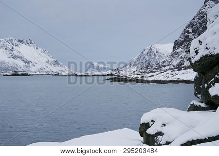 Winter harsh landscape in Lofoten Archipelago, Norway, Europe