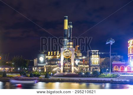Orlando, Fl, Usa - Jan. 27, 2019: Citywalk Toothsome Chocolate Emporium At Night At Universal Studio