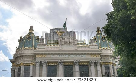 Rio De Janeiro, Brazil- 24, May, 2016: Close Up Of The Facade Of Theatro Municipal In Rio De Janeiro