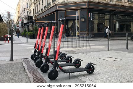 Lyon France, 17 March 2019: Voi Electric Scooter Of The Company Voi. Technology In The Street In Lyo