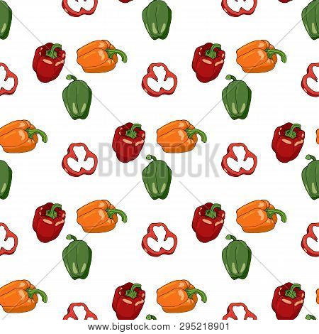 Seamless Pattern With Bell Peppers And Bell Pepper Slices. Endless Pattern With Red, Green And Yello