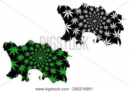 Jersey - Map Is Designed Cannabis Leaf Green And Black, Bailiwick Of Jersey Map Made Of Marijuana (m