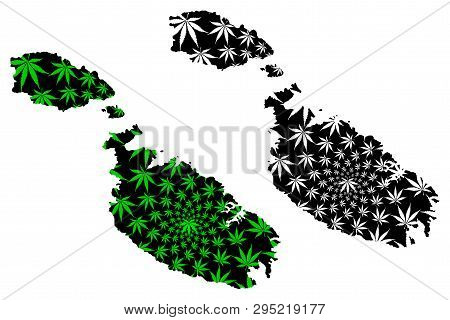 Malta - Map Is Designed Cannabis Leaf Green And Black, Republic Of Malta Map Made Of Marijuana (mari