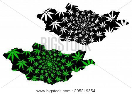 Mongolia - Map Is Designed Cannabis Leaf Green And Black, Mongolia Map Made Of Marijuana (marihuana,