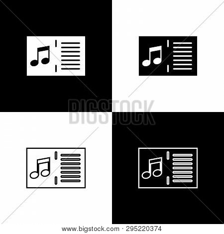 Set Music Book With Note Icons Isolated On Black And White Background. Music Sheet With Note Stave. 