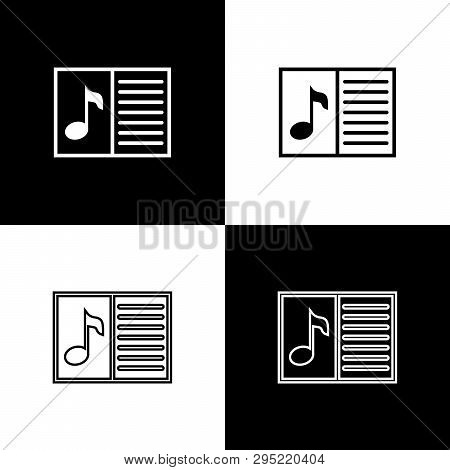 Set Music Book With Note Icons Isolated On Black And White Background. Music Sheet With Note Stave. 