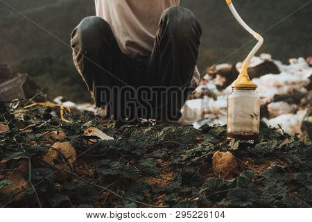 A Man Sitting And Have Long Cord Attached To A Glass Bottle With Trees Growing Inside A Glass Bottle