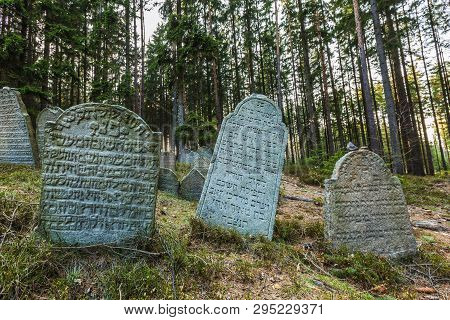Pansky Vrch, Czech Republic / Europe - April 1 2019: Grey Tombstones With Hebrew Letters On An Old J