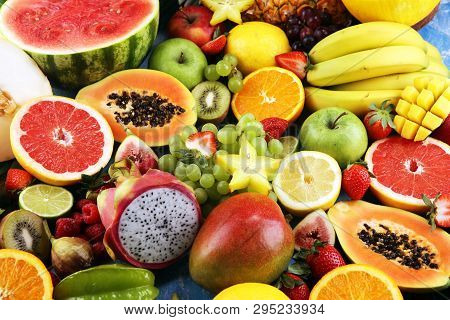 Tropical Fruits Background, Many Colorful Ripe Fresh Tropical Fruits