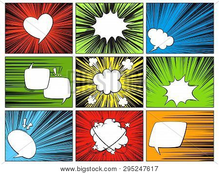 Speech Radial Elements. Comic Cartoon Shapes For Dialogs Thinking And Talking On Varicoloured Horizo
