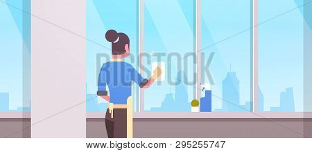 Woman In Gloves And Apron Cleaning Windows With Rag Cleaner Spray Rear View Housewife Doing Housewor