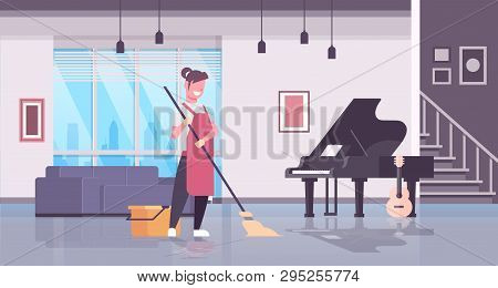 Woman In Gloves And Apron Washing Floor Girl Using Mop Housewife Doing Housework Cleaning Concept Mo