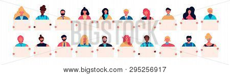 Collection Of Young Women Men Holding Empty Clean Banners Placards In Hands. Set Of Portrait Avatar 