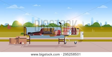 Poor Man Sleeping Outdoor Drunk Beggar Lying On Wooden Bench Homeless Concept City Park Landscape Su