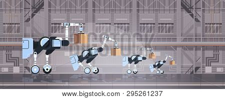 Robotic Workers Loading Cardboard Boxes Hi-tech Smart Factory Warehouse Interior Logistics Automatio